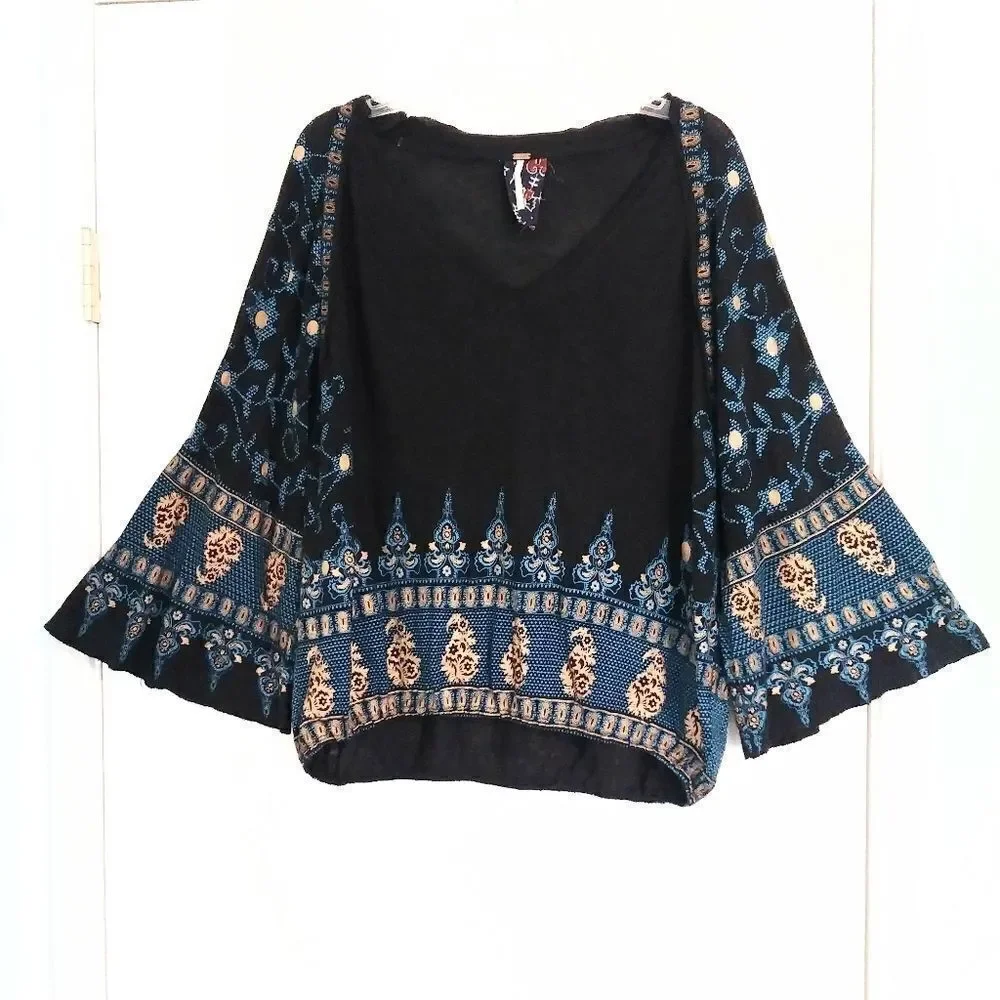 Free People Black & Gold Medallion Wide Sleeve Peasant Blouse